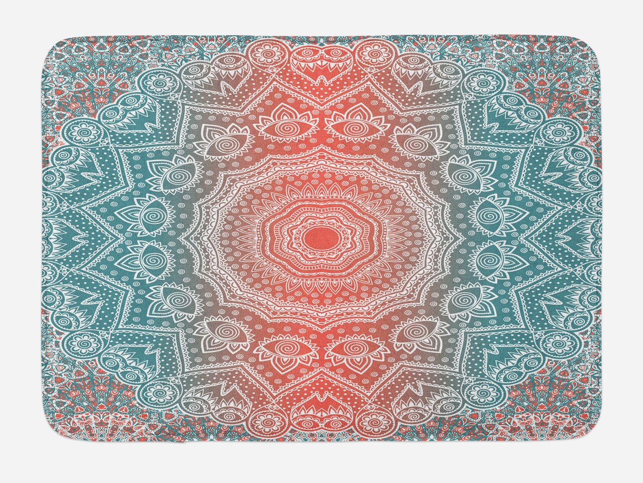 Ambesonne Coral and Teal Bath Mat, Modern Tribal Mandala Tibetan Healing Motif with Floral Geometric Ombre Art, Plush Bathroom Decor Mat with Non Slip Backing, 29.5" X 17.5", Coral Teal